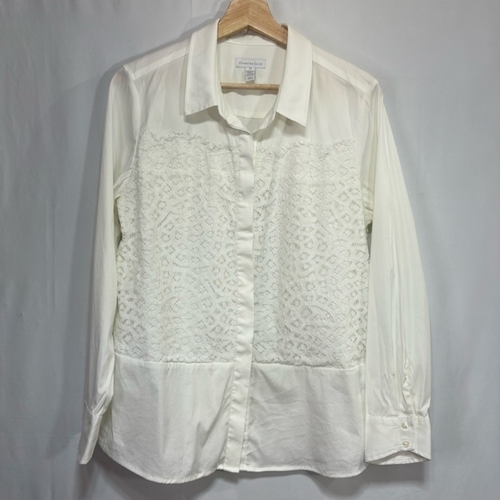 🎈 charter club white cotton stretch blouse with front lace panels